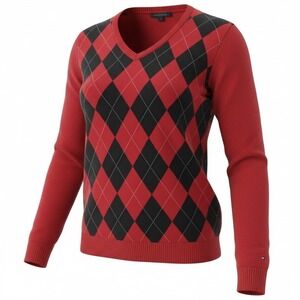 Tommy Hilfiger VTG Sweater Womens M Red Argyle V-Neck Metallic Knit Pullover